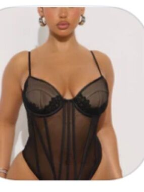 Fashion Nova Black Sheer Lace Bodysuit (Packaged)
